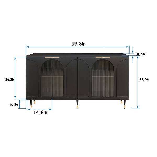 60in Modern Black Lacquered 4 Glass Door Sideboard Buffet Server