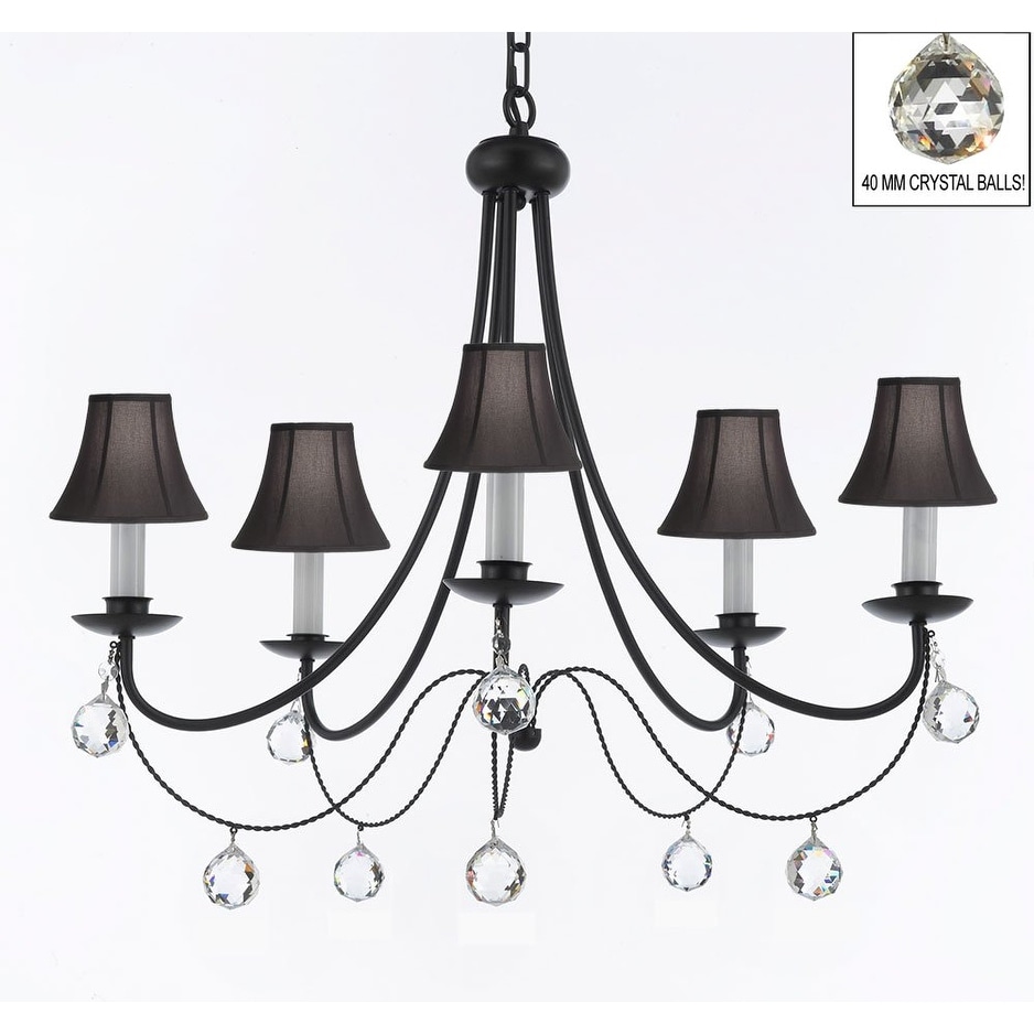 Empress Crystal Wrought Iron Chandelier Lighting With Black Shades & Faceted Crystal Balls H22.5 x W26 - Chandeliers For Bedrooms by Overstock.com
