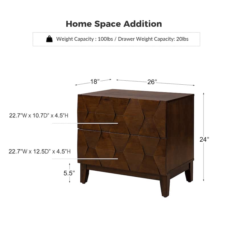 Ethel Mid-Century 2-Drawer Storage End Table with Adjustable Solid Wood Legs and Charging Station By HULALA HOME