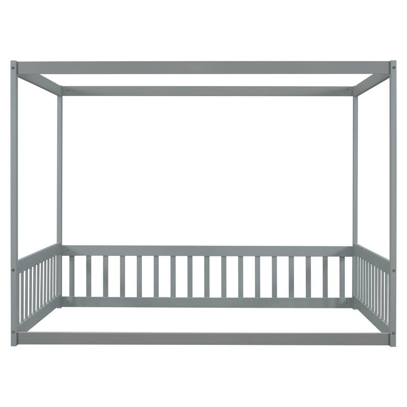 Pine Wood Canopy Frame Floor Bed with Fence and Guardrails for Bedroom