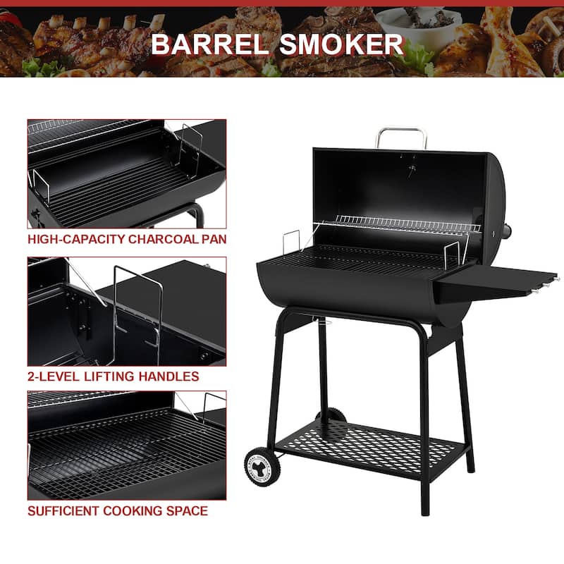 Royal Gourmet 30-Inch Barrel Charcoal Grill with Side Table, Black
