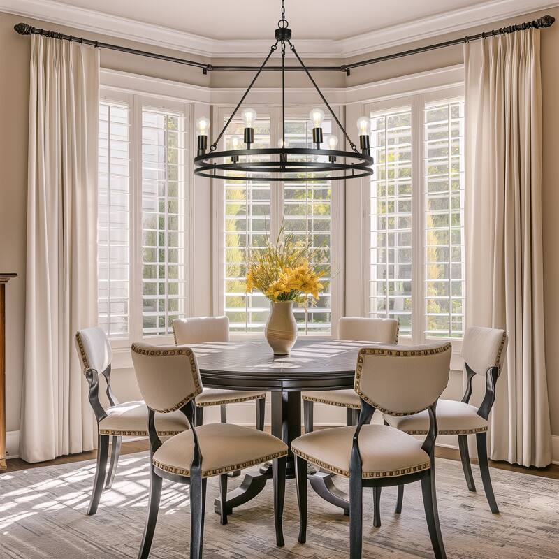 Oriea Modern Farmhouse 9-Light Black Chandelier Classic Wheel Lights - D 31.9" x H 29.3"
