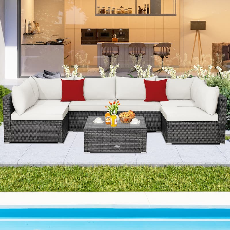 7PCS Patio Rattan Furniture Set Sectional Sofa Cushioned Garden