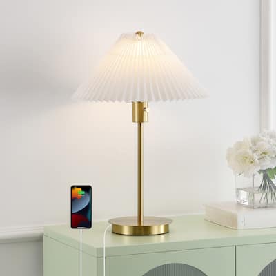 Isla 21.25" Modern Glam Metal Column LED Table Lamp with USB Charging Port and Pleated Shade, Brass Gold/White, by JONATHAN Y