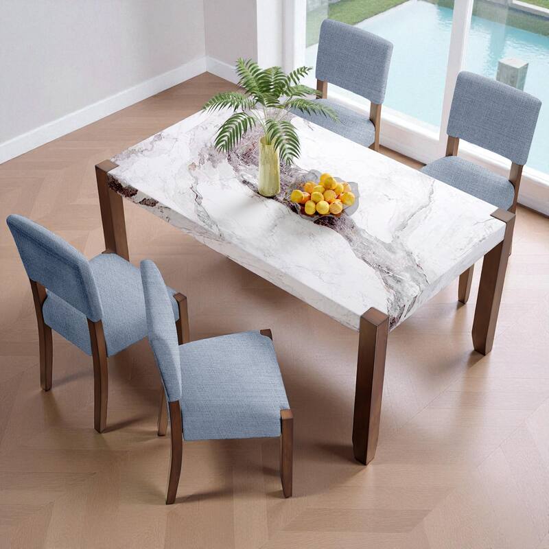 5-Piece 46" Faux Marble Dining Table Set with 4 Upholstered Chairs, Modern Rubberwood Dinette Set for Kitchen or Dining Room - Blue Grey