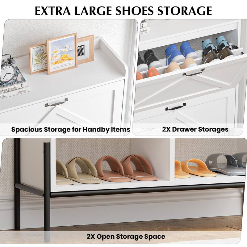 Shoe Cabinet with 2 Flip-Up Drawers, Hidden Shoe Storage Cabinet with Open Storage for Entryway, Hallway, Bedroom