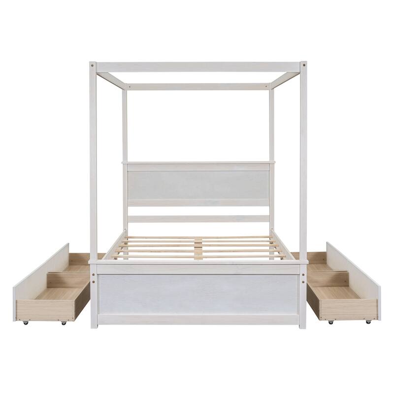 White Brushed Full Size Wood Canopy Bed with Four Drawers, Support Slats, and No Box Spring Needed - Customizable Canopy Rails