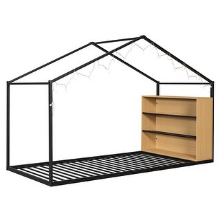 Black Twin Size Metal House Bed Frame with Shelves and Lights