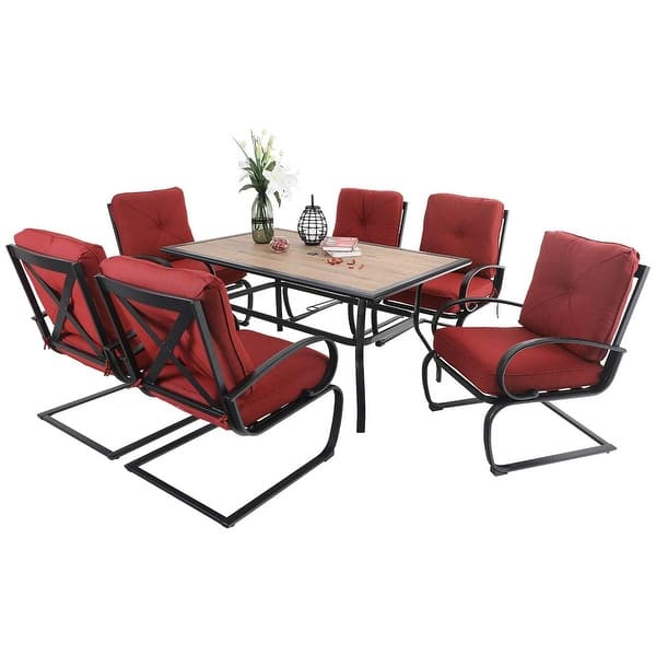 slide 2 of 5, Phi Villa 7-piece Outdoor Patio Dining Table, 6 Padded C Spring Chairs and 1 Wood-like Table Red