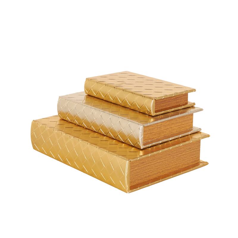 Faux Leather Geometric Metallic Textured Diamond Faux Book Storage Box - Set of 3 Gold - Roche River Decor