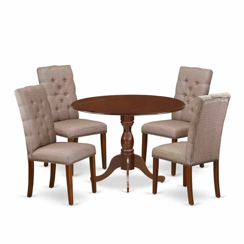 5-Piece Mahogany Finish Solid Wood Top Dining Table with 4 Parson Chair with Drop Leaf