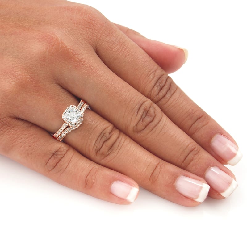Auriya 14k Rose Gold 1 1/5ctw Princess-cut Halo Diamond Engagement Ring Set