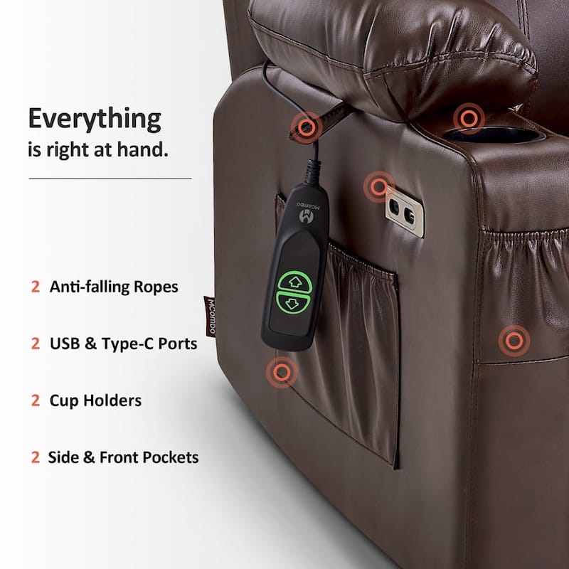 MCombo Large Power Lift Recliner Leather Chair with Massage, Heat, Cup Holders,Extended Footrest, Leather 7516