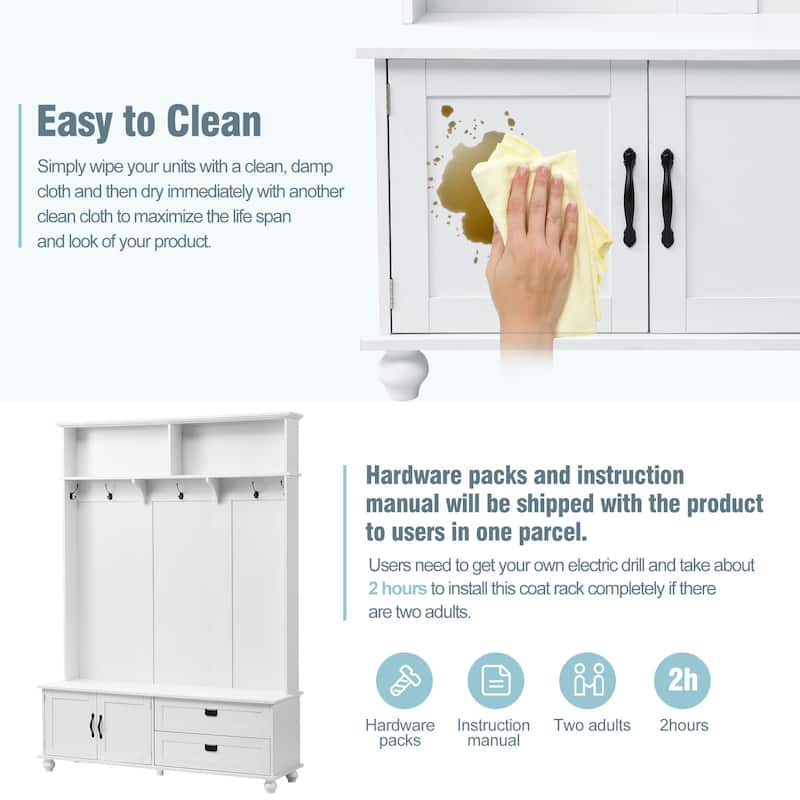 Minimalist Hall Tree with Coat Hooks, Storage Bench, and Dual Drawers