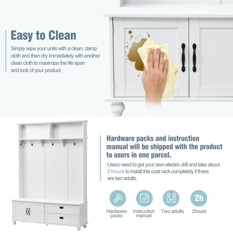 Modern Hall Tree with Shoe Storage Bench, Entryway Bench with Coat Rack, Cabinet, 2 Drawers & Shelves, Mudroom Bench w/ 5 Hooks