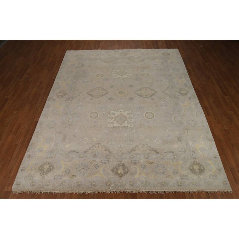 Geometric Beige Oushak Indian Area Rug Hand-Knotted Wool Carpet - 7'10"x 9'10"