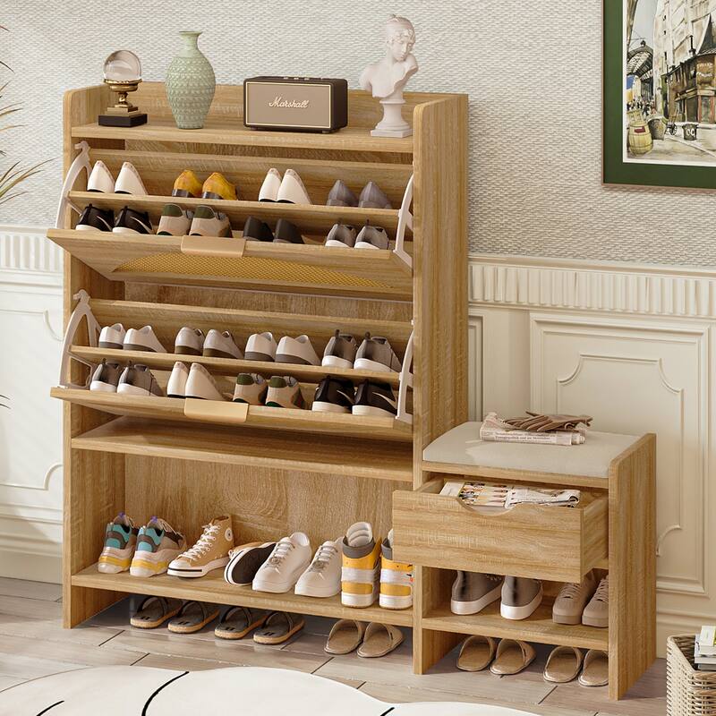 47.2" Shoe Storage Cabinet Rattan Shoe Storage Organizer With 2 Flip Drawers, a Storage Drawer and a Bench For Entryway,