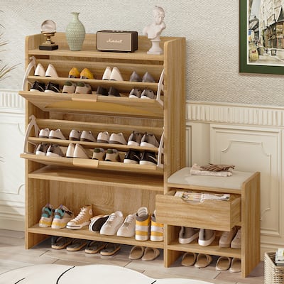 Rattan Shoe Storage Cabinet, Multi-functional Shoe Organizer, Narrow Shoe Rack with 2 Flip Drawers, 1 Storage Drawer & 1 Bench