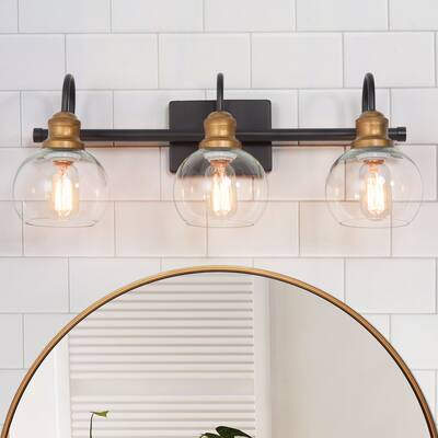 Modern Antique Gold Black 3-Light Bathroom Vanity Lights Glass Dimmable Wall Sconces