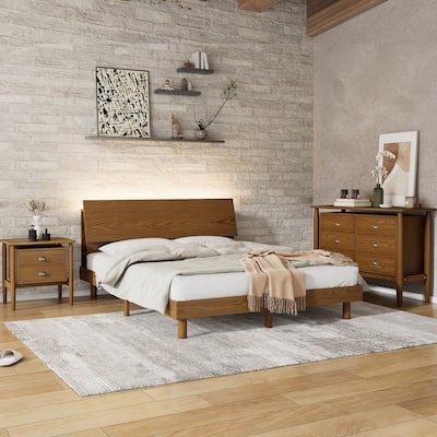 Queen Size Platform Bed with Bookshelf, 3 Pieces Bedroom Sets Bed Frame with Led Lights, USB Port, 2 Nightstand Dresser, Walnut