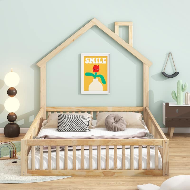 Natural Full Size Solid Wood House Platform Bed with Guardrail