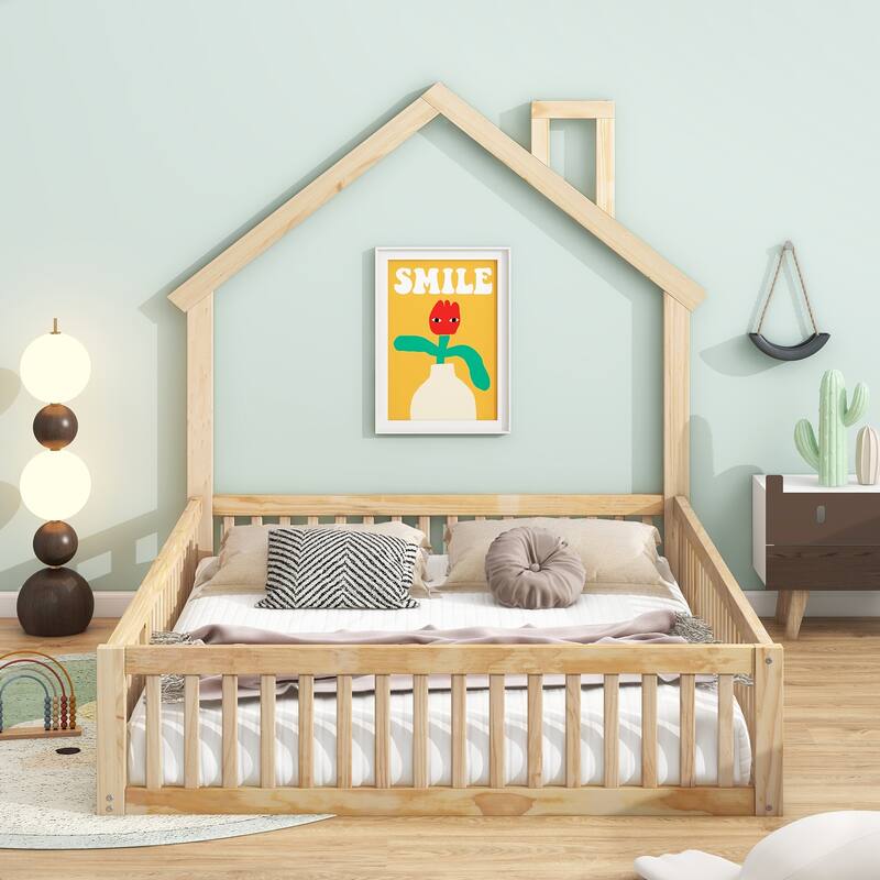 Natural Wood Full Size House Platform Bed with Safety Guardrail for Kids