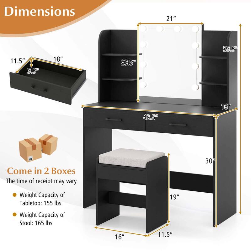 Costway Makeup Vanity Desk with Lighted Mirror Charging Station - 2 PCS