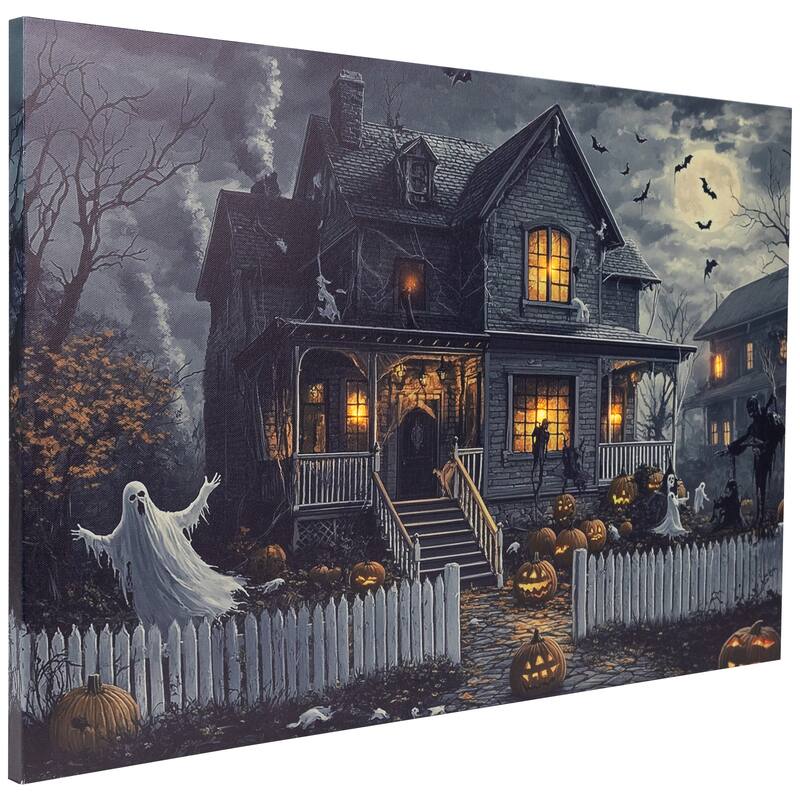 LED Lighted Haunted House Halloween Canvas Wall Art - 15.75 x 23.75"