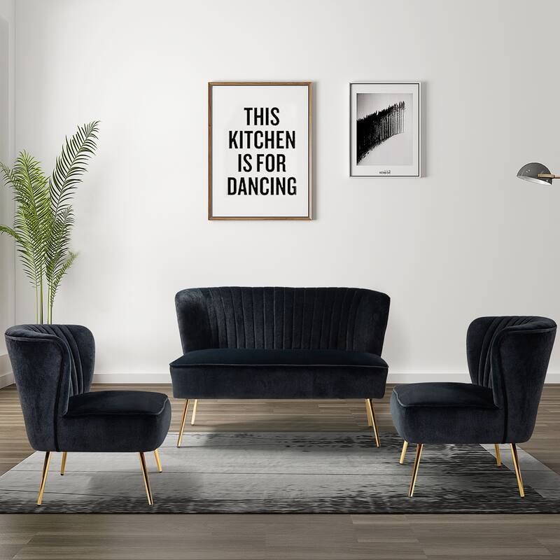 Delicia 3 Piece Living Room Set with Golden Legs by HULALA HOME - BLACK