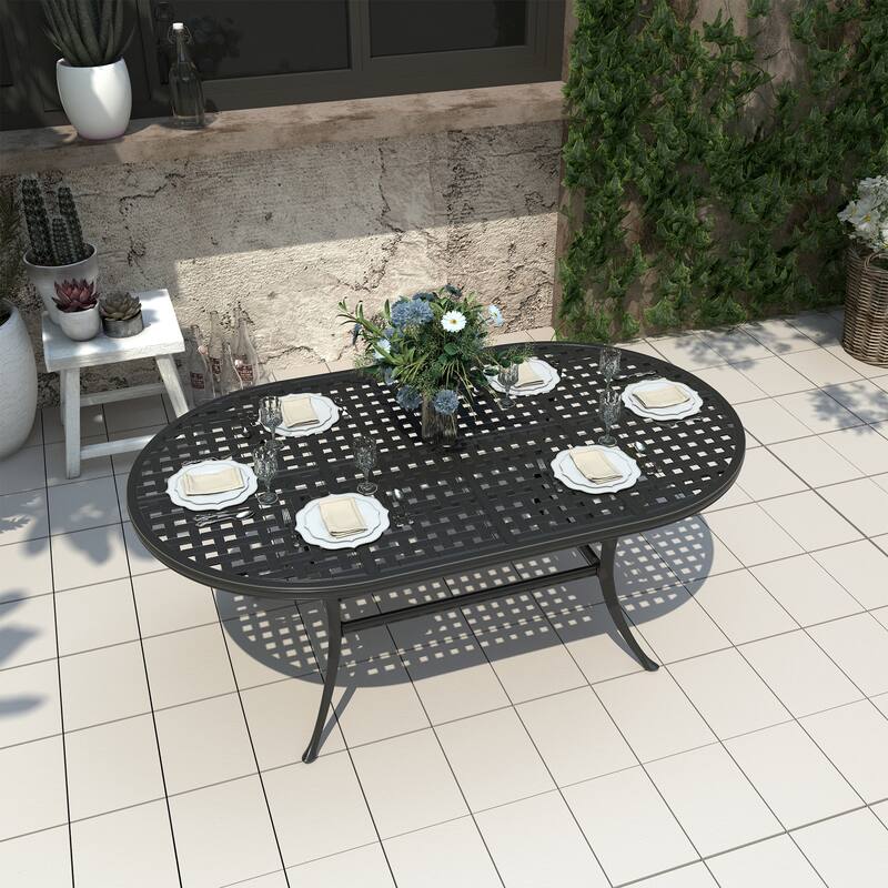 42" Patio Cast Aluminum Oval Dining Table with Umbrella Hole