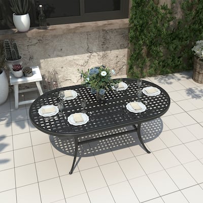 42" Patio Cast Aluminum Oval Dining Table with Umbrella Hole