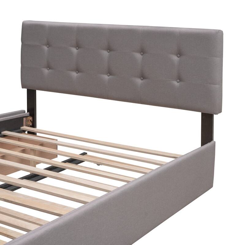 Queen Size Bed with 2 Storage Drawers and a Twin XL Trundle, Upholstered Platform Queen Bed Frame with Tufted Headboard