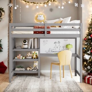 Twin Size Wooden Loft Bed With Shelves,Desk and Writing Board,Solid Construction