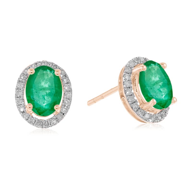 10k Rose Emerald And Diamond Princess Diana Oval Halo Stud Earrings