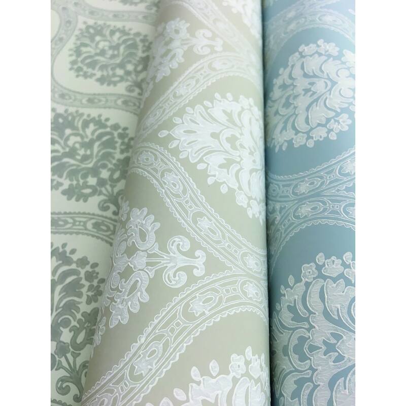 Fullerton Beige Sure Strip Prepasted Damask Petite Ogee Wallpaper