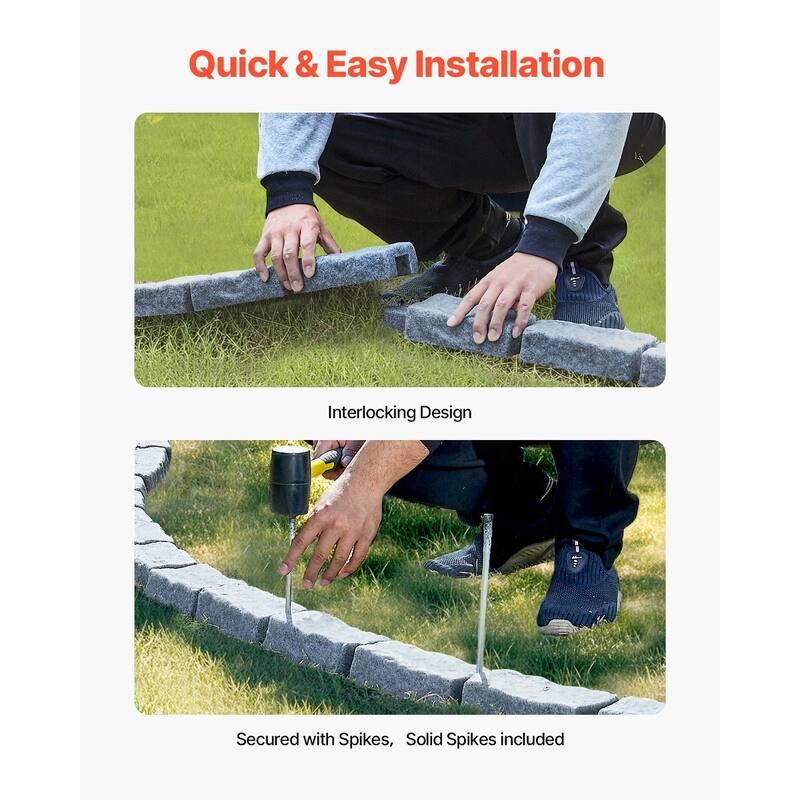 Beige Plastic Stone Landscape Edging 4 Pack with Interlocking Design and Stakes - 46.46 × 3.74 × 2.24 in