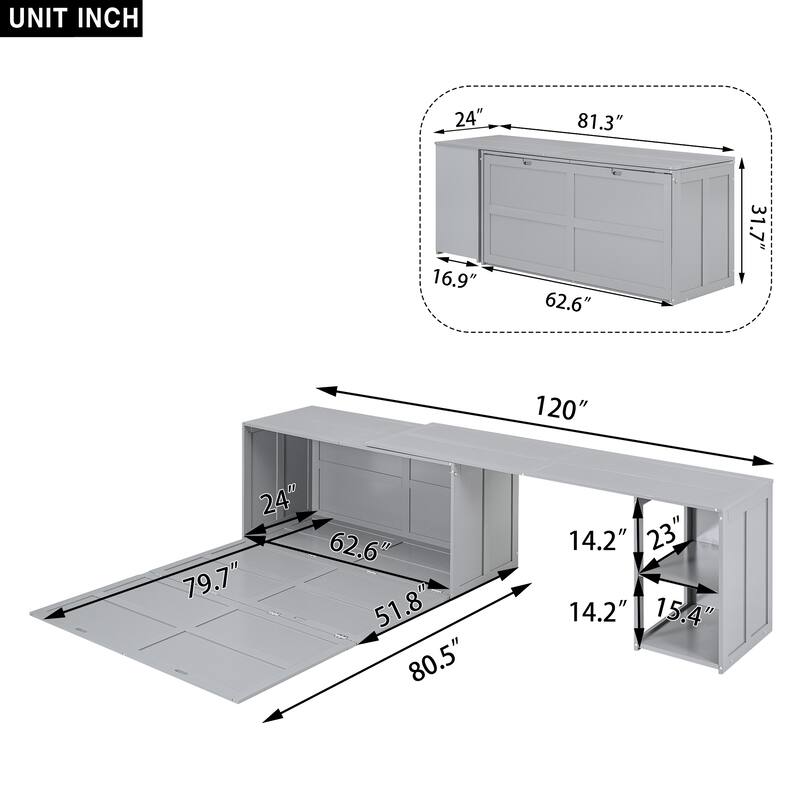Grey Pine Wood & MDF Queen Size Murphy Bed with Rotatable Desk and Storage Shelves