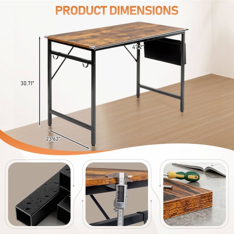 47.2” Computer Desk for Home Office - Study Writing Desk with Storage, Side Hooks & Adjustable Feet