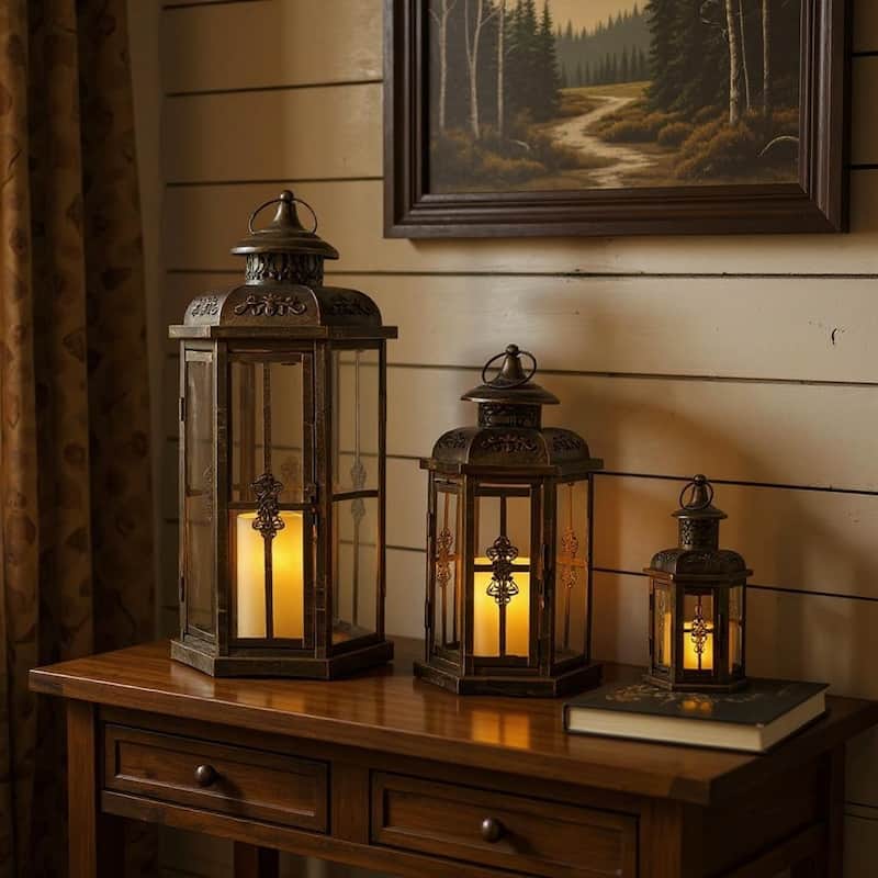 Set of Three Black And Gold Distressed Filigree Metal Tabletop Lantern Candle Holders - Gold/Black