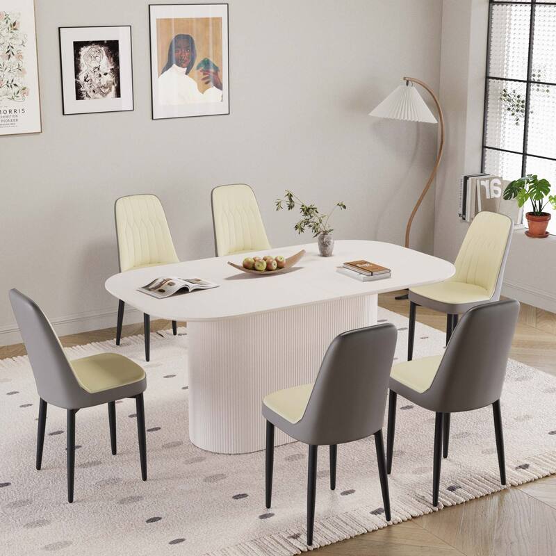 63" medieval modern cream style MDF dining table and PU dining chair set 6, Assemble Desktop and metal leg dining chair set