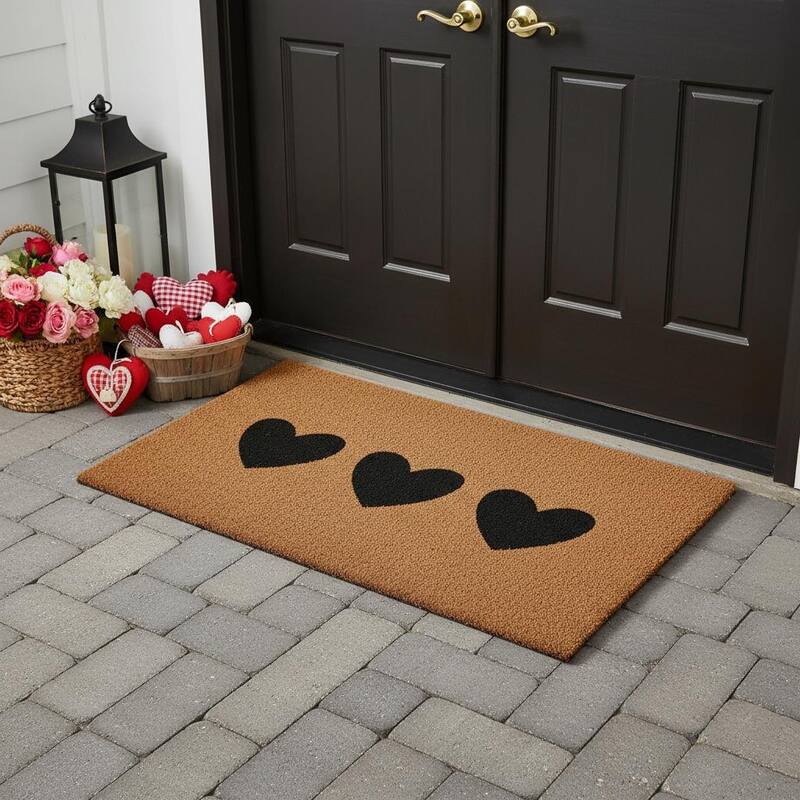 HomeRoots 36" X 72" Brown And Black Three Hearts Outdoor Coir Door Mat - 36.00' X '72.00 - 36.00' X '72.00