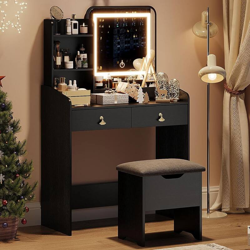 2 Drawers Makeup Vanity Table with LED Light Mirror and Charging Station - Black