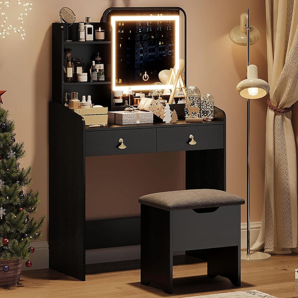 2 Drawers Makeup Vanity Table with LED Light Mirror and Charging Station