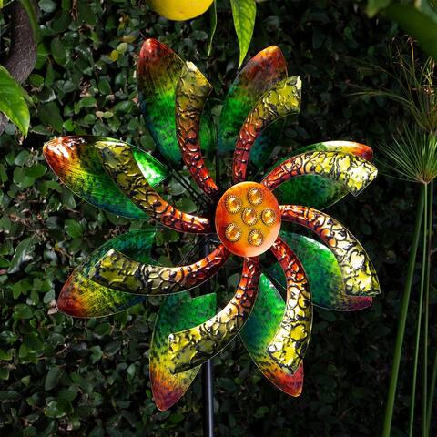 Alpine Corporation 64" Tall Floral Windmill Stake with Jeweled Kinetic Spinner, Green and Orange