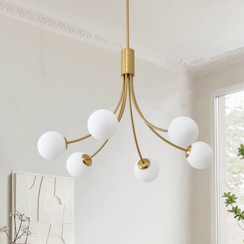 Mid - Century Modern 6 - Light Gold Sputnik Chandelier with White Glass Globes - Brushed Gold