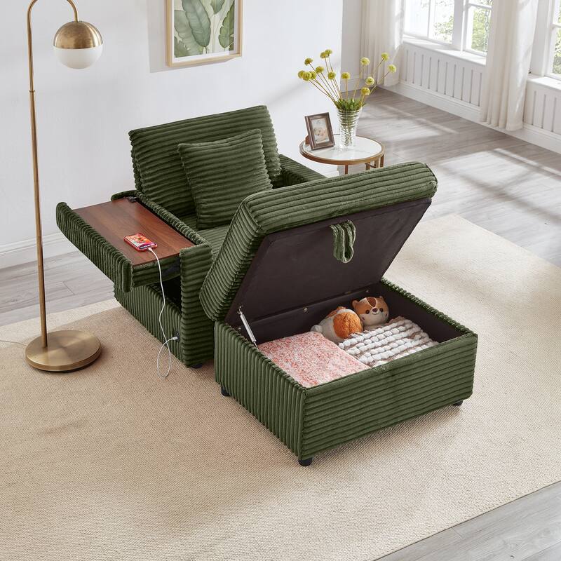 Fluffy Corduroy Lazy Sofa Chaise Lounge with Accent Chair, Storage Ottoman, Folding Table Board, Cup Holder and USB - Green