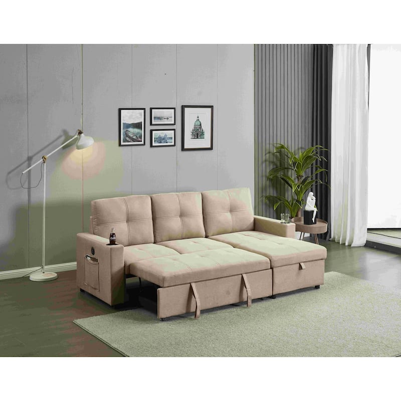 Linen Sectional Sofa Reversible Chaise with Pull out Sleeper