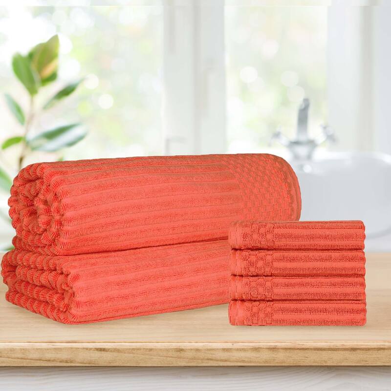 Ribbed Cotton Absorbent Heavyweight Hand Towel and Bath Sheet Set by Superior - Coral