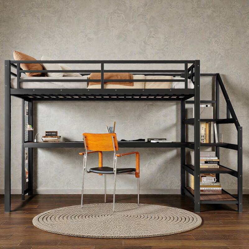 Twin XL Metal Loft Bed with Desk and Storage Stairs, LED Lights, USB Ports, Noise-Free Design - Black - Twin XL