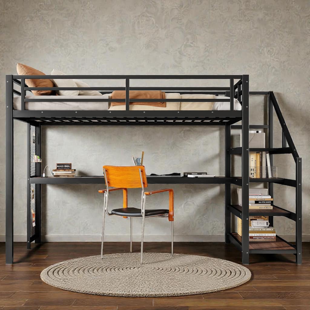 Twin XL Metal Loft Bed with Desk and Storage Stairs, LED Lights, USB Ports, Noise-Free Design